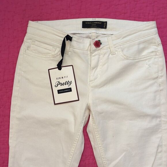 Dolce & Gabbana White Jeans with Pink Rose button, US2 - Picture 2 of 9